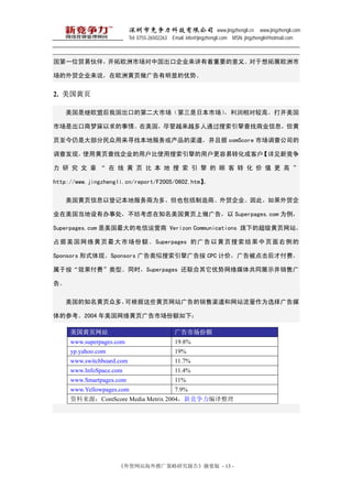 оƼ޹˾ www.jingzhengli.cn www.jingzhengli.com
                           Tel: 0755-26502263 Email: info@jingzhengli.com MSN: jingzhengli@hotmail.com



һλó׻飬ŷгйڹ˾Ҫ塣չŷ

ó˾˵ŷ޻ҳԵơ


2. ҳ

   Ǽŷ˺ҹڵĵڶгձгԽϸߡ

гǳ顣ԽԽͨҵϢ

ҳǴ󲿷ѰұطҾ comScore г鹫˾

鷢֣ʹûҳҹ˾ûʹûתɿͻ¾

         ҳ           ת   ֵ   

http://www.jingzhengli.cn/report/F2005/0602.htm

   ҳϢԵǼǱطΪ࣬Ҳ̡ó˾ˣó

ҵа´֪ҳ棬 Superpages.com Ϊ

Superpages.com ĵӪ Verizon Communications µĳҳվ

ռ ҳ гݶ Superpages ĹԻ ҳ ҳҲ 

Sponsors ʽ֡Sponsors 水 CPC Ƽۣ汻Ÿѣ

ڰЧѡͬ͡ʱSuperpages ý干ͬչʾ۹

档

   ֪ҳڶ࣬ɸЩҳվվΪѡý

Ĳο2004 ҳгݶ£

     ҳվ                                    гݶ
     www.superpages.com                        19.8%
     yp.yahoo.com                              19%
     www.switchboard.com                       11.7%
     www.InfoSpace.com                         11.4%
     www.Smartpages.com                        11%
     www.Yellowpages.com                       7.9%
     ԴComScore Media Metrix 2004¾




                    óվƹо桷ժҪ - 13 -
 