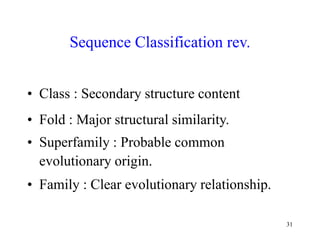 31
Sequence Classification rev.
• Class : Secondary structure content
• Fold : Major structural similarity.
• Superfamily ...