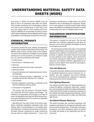 63
According to OSHA standards, MSDS must be
kept on ﬁle for all chemicals used within the studio.
This includes everything from window/glass cleaner
and hard surface disinfectants to skin prep prod-
ucts and soaps used for hand washing and more.
Copies of MSDSs for all potentially hazardous chemi-
cals to which employees may be exposed must be read-
ily available to all employees during each work shift.
CHEMICAL PRODUCT
INFORMATION
This section provides the name, address, and telephone
number of the company that produced the product, the
MSDS’s date of issue, and the name of the material.
The name of the material on the MSDS must be spelled
exactly as it is on the container you received. In addi-
tion, you will ﬁnd the following information:
• Product Name
• Commercial or marketing name
• Synonym
• Approved chemical name and/or synonyms
• Chemical Family
• Group of chemicals with related physical and chemi-
cal properties
• Formula: Chemical formula, if applicable; i.e., the
conventional scientiﬁc deﬁnition for a material
• CAS Number
• Number assigned to chemicals or materials by the
Chemical Abstracts Service (CAS)
• Composition of Ingredients
This section lists the product’s individual hazard-
ous chemicals and their relative percentages. The
material’s corresponding CAS Number must also be
listed. All ingredients that meet the OSHA Hazard Com-
munication standard criteria of a hazardous ingredient
must be identiﬁed here.
Manufacturers may also choose to list active ingre-
dients, signiﬁcant ingredients regulated under other
Federal, state, or local regulations, or a complete ingre-
dient disclosure, including nonhazardous components.
Complex mixtures recognized as single substances
may be listed as single components. If any of the
hazardous components is a trade secret, this will be
indicated in lieu of identifying the component. Suppli-
ers of such products must still provide health hazard
data on the MSDS and additional information to safety
professionals who have a veriﬁable need to know.
HAZARDOUS IDENTIFICATION
INFORMATION
This section is divided into two parts. The ﬁrst part
describes the material’s appearance and gives an
overview of the most signiﬁcant immediate concerns
for emergency personnel.
The second part provides information on the potential
adverse health effects and symptoms associated with
exposure to the material, its components, or known by
products. In addition, this section lists all of the routes
of entry pertinent to this material. Acute (short-term)
and chronic (long-term) health effects, symptoms of
exposure, and medical conditions aggravated by ex-
posure must be stated. If the material is carcinogenic,
that fact must be stated.
First Aid Measures
This section describes medical and ﬁrst aid treatments
for accidental exposure by route of exposure (i.e. in-
halation, skin, eye, ingestion). Any known antidotes
that may be administered by a layperson or specially
trained personnel will be indicated here.
Fire Fighting Measures
This section provides basic ﬁre ﬁghting guidance for
trained ﬁre ﬁghters, emergency responders, employ-
ees, and occupational health and safety professionals.
It describes the ﬂammable and explosive properties of
the material, the proper extinguishing materials, and the
precautions and procedures to safely and effectively
ﬁght the ﬁre.
Accidental Release Measures
This section provides spill, and leak procedures, and
response procedures for emergency responders and
environmental professionals. It describes evacuation
procedures, and other emergency advice to protect
the health and safety of the responders and the en-
vironment.
UNDERSTANDING MATERIAL SAFETY DATA
SHEETS (MSDS)
 