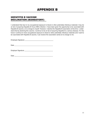 77
I understand that due to my occupational exposure to blood or other potentially infectious materials I may be
at risk of acquiring Hepatitis B Virus (HBV) infection. I have been given the opportunity to be vaccinated with
Hepatitis B vaccine, at no charge to myself. However, I decline the Hepatitis B vaccination at this time. I under-
stand that by declining this vaccine, I continue to be at risk of acquiring Hepatitis B, a serious disease. If in the
future I continue to have occupational exposure to blood or other potentially infectious materials and I want to
be vaccinated with Hepatitis B vaccine, I can receive the vaccination series at no charge to me.
Employee Signature __________________________________
Date ______________________________________________
Employer Signature __________________________________
Date ______________________________________________
APPENDIX B
HEPATITIS B VACCINE
DECLINATION (MANDATORY)
 