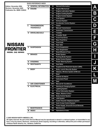 -1
QUICK REFERENCE INDEX
A GENERAL INFORMATION GI General Information
B ENGINE EM Engine Mechanical
LU Engine Lubrication System
CO Engine Cooling System
EC Engine Control System
FL Fuel System
EX Exhaust System
ACC Accelerator Control System
C TRANSMISSION/
TRANSAXLE
CL Clutch
MT Manual Transmission
AT Automatic Transmission
D DRIVELINE/AXLE TF Transfer
PR Propeller Shaft
FFD Front Final Drive
RFD Rear Final Drive
FAX Front Axle
RAX Rear Axle
E SUSPENSION FSU Front Suspension
RSU Rear Suspension
WT Road Wheels & Tires
F BRAKES BR Brake System
PB Parking Brake System
BRC Brake Control System
G STEERING PS Power Steering System
H RESTRAINTS SB Seat Belts
SRS Supplemental Restraint System (SRS)
I BODY BL Body, Lock & Security System
GW Glasses, Window System & Mirrors
RF Roof
EI Exterior & Interior
IP Instrument Panel
SE Seat
J AIR CONDITIONER MTC Manual Air Conditioner
K ELECTRICAL SC Starting & Charging System
LT Lighting System
DI Driver Information System
WW Wiper, Washer & Horn
BCS Body Control System
LAN LAN System
AV Audio Visual & Telephone System
ACS Auto Cruise Control System
PG Power Supply, Ground & Circuit Elements
L MAINTENANCE MA Maintenance
M INDEX IDX Alphabetical Index
Edition: November 2004
Revision: November 2005
Publication No. SM5E-1D40U2
B
D
© 2005 NISSAN NORTH AMERICA, INC.
All rights reserved. No part of this Service Manual may be reproduced or stored in a retrieval system, or transmitted in any
form, or by any means, electronic, mechanical, photo-copying, recording or otherwise, without the prior written permission
of Nissan North America, Inc., Gardena, California.
A
C
E
F
G
H
I
J
K
L
M
 