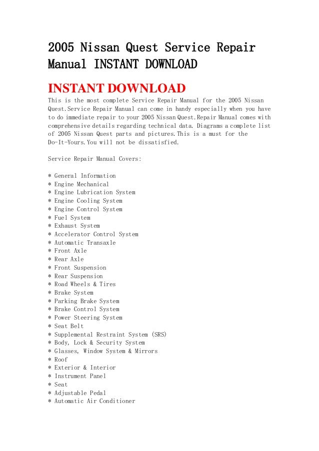 2005 nissan quest service repair manual instant download