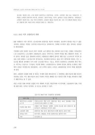 현대자동차 노동강도 평가와 대안 마련을 위한 연구 보고서

장소에는 열심히 간다. 근데 굉장히 일회적이고 단발적이죠. 그런데… 조반장은 항상 있는 사람들이다. 이
역할을 소위원이 해주어야 하는데. 소위원이 그렇게 못하죠. 사측도 싫어하고 인정을 안해주죠… 대의원들도
소위원이 열심히 하는 것을 부담스러워한다. 소위원이 활동을 열심히 하는 것은 자기 활동에 태클을 건다고
보기 때문에 단위 자체가 회사 조반장이 훨씬 더… (활동가3)

4.2.2. 98년 이후 조합원들의 변화

IMF 외환위기 이후 한국의 노동자들에게 평생직장 개념이 사라졌다. 정년까지 회사를 다닐 수 없을
것이라는 불안감, 직장을 그만두면 비정규직으로 전락하거나, 생계를 유지하기 힘들 것이라는 불안감
이 확산되었다.
주위에서 같이 일하던 동료가 하루 아침에 노란 봉투를 받고 회사에 나오지 않는 상황을 지켜보면서
느낀 공포감이나, 노동조합이 조합원들의 고용을 지켜주지는 못하며 투쟁을 해도 해결하지 못하는 것
이 있다는 회의감 등을 경험하게 되면서, 조합원들은 뿔뿔이 흩어진 개별 임금 노동자로서 자기의 살
길을 찾게 되었다. 노동자로서의 원칙보다는 자신에게 돌아오는 몫을 먼저 생각하게 되었다. 이는 노
동조합 활동에 참여해서 득이 되면 노동조합 쪽으로 기울고, 회사가 유리하다고 판단하면 회사 쪽으
로 치우치는 모습으로 드러났다. 이러한 변화는 고용불안감으로 인하여 안정과 생존을 모색하는 와중
에서 나타난 것이었는데, 안타깝게도 그런 모색의 결과는 오히려 고용불안감을 더욱더 확대 재생산하
게 된다.
한편, 조합원의 중대한 변화 중 하나는 투쟁에 대한 회의감이다. 그 배경에는 활동가들에 대한 불신이
자리하고 있다. 이는 활동가들이 98년 투쟁의 쓰라린 패배를 딛고 일어설 만한 투쟁을 배치하지 못했
기 때문이라고 볼 수 있다.
면접 조사를 통해 파악한 조합원 의식 변화의 특징은 개인주의와 이기주의화, 고용불안의 심화, 투쟁
에 대한 회의, 사측을 의식하는 것 등으로 분류할 수 있다.

표3-14. 98년 이후 조합원의 의식변화
변화 내용
개인주의/노조활동
소극적

가장으로서의 책임 증가, 활동가들 불신, 98년 정리해고 여파,
공동체 붕괴(조합원 간 경쟁)

투쟁에 대한 회의

조합원 기대 저버리는 집행부, 정치의 축소판 같은 현장조직, 활
동가들이 조합원보다 의식이 낮음.

고용불안 강화

평생직장 개념 붕괴, 활동가들의 언행 불일치, 98년 여파

사측을 의식

의식적인 근태관리, 투쟁 동참에 따른 불이익 의식

기타

278

원 인

모르겠다 등

 