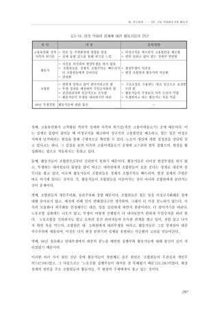 Ⅲ. 연구결과 …… 3장. 고용 이데올로기와 활동가

표3-16. 현장 악화와 침체에 대한 활동가들의 진단
원인

내용

고용유연화 정착 - 언론 등 주변환경에 영향을 받음
사측의 위기론 - 실제 물량 감소를 통해 위기감 느낌

활동가

조합원

결과/영향
- 비정규직을 짜르면서 고용불안을 해소함
- 편히 일하고 많이 받는 것에만 연연함

- 사측을 의식하여 현장투쟁을 하지 않음
- 조합원들을 경제적 조합주의로 빠뜨리거 - 현장투쟁이 사라짐
나 조합원들에게 끌려다님
- 현장 조합원과 활동가의 악순환
- 관성화
-

편하게 일하고 많이 받아가려고만 함
투쟁 경과를 예상하며 무임승차하려 함
중간관리자와 인간적으로 돈독함
활동가들이 투쟁을 대리하기만 바람

98년 투쟁경험 활동가들에 대한 불신

- 구조조정을 수용하는 대신 임금으로 보상받
으려 함
- 활동가들의 주장보다 사측 논리가 먹힘
- 투쟁하자고 하는 활동가는 욕을 먹음
-

첫째, 고용유연화가 고착화된 객관적 정세와 사측의 위기설(혹은 고용이데올로기) 공세 때문이다. 이
는 실제로 물량이 줄어들 때 비정규직을 해고하여 정규직의 고용불안을 해소하고, 힘든 일은 비정규
직에게 넘겨버리는 현실을 통해 구체적으로 확인할 수 있다. 노조가 생산에 대한 결정권을 상당히 갖
고 있다고는 하나, 그 실상을 보면 사측의 고용이데올로기 공세에 고스란히 발목 잡혔으며, 현장을 활
성화하는 힘으로 작동하지는 못하고 있다.
둘째, 활동가들이 조합원으로부터 신뢰받지 못하기 때문이다. 활동가들은 더이상 현장투쟁을 하지 않
고, 투쟁하는 대의원보다 물량을 많이 따오는 대의원에게 조합원들이 표를 준다는 핑계로 대중의 꽁
무니를 쫓고 있다. 이로써 활동가들이 조합원들을 경제적 조합주의로 빠뜨리며, 현장 침체의 주범은
바로 여기에 있다는 것이다. 즉, 활동가들이 조합원들을 이끌어가는 것이 아니라 조합원에게 끌려가는
것이 문제이다.
셋째, 조합원들의 개인주의화, 실리주의화 경향 때문이다. 조합원들은 힘든 일을 비정규직화해온 점에
대해 돌아보지 않고, 예전에 비해 일이 편해졌다고만 생각하며, 그래서 더 이상 분노하지 않는다. 사
측의 모듈화나 외주화를 인정해주는 대신, 일을 널럴하게 하면서 한푼이라도 더 벌어가기를 바란다.
노동조합 집회에는 나오지 않고, 투쟁이 어떻게 진행될지 다 내다보면서 편하게 무임승차를 하려 한
다. 노동조합을 신뢰하지도 않고 오히려 중간 관리자들과 돈독한 관계를 맺고 있어, 잔업 끊고 나가
자 하면 욕을 먹는다. 조합원은 대・소위원에게 대리투쟁을 바라고, 활동가들은 그걸 핑계삼아 대중
추수주의에 매몰되며, 이것은 다시 현장 분위기의 침체를 유발하는 악순환의 고리를 만들어간다.
넷째, 98년 정리해고 반대투쟁에서 대중의 분노를 배반한 집행부와 활동가들에 대해 불신이 깊이 자
리잡았기 때문이다.
이러한 여러 가지 원인 진단 중에 활동가들이 첫번째로 꼽은 원인은 ‘조합원들의 무관심과 개인주
의’(47.0%)였고, 그 다음으로는 ‘노동조합 집행부들이 대처를 잘 못해왔기 때문’(21.3%)이었다. 현장
침체의 원인을 주로 조합원들과 활동가들, 즉 현장의 주체에게서 찾고 있는 것이다.

287

 