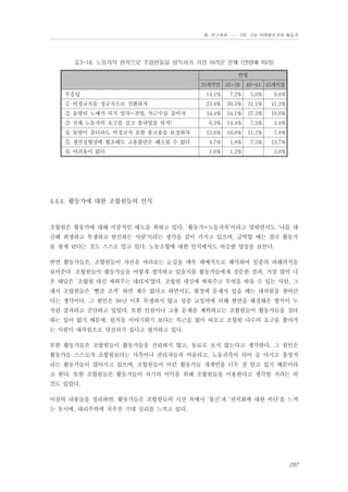Ⅲ. 연구결과 …… 3장. 고용 이데올로기와 활동가

표3-18. 노동자적 원칙으로 조합원들을 설득하기 가장 어려운 문제 (연령에 따라)
연령
35세미만 35~39

40~44 45세이상

무응답

14.1%

7.2%

5.6%

9.8%

① 비정규직을 정규직으로 전환하자

23.4%

30.5%

31.1%

41.2%

② 물량의 노예가 되지 말자-잔업, 특근수를 줄이자

34.4%

34.1%

37.3%

19.6%

6.3%

14.4%

7.5%

5.9%

④ 물량이 줄더라도 비정규직 포함 총고용을 보장하자

15.6%

10.8%

11.2%

7.8%

⑤ 생산성향상에 협조해도 고용불안은 해소될 수 없다

4.7%

1.8%

7.5%

13.7%

⑥ 어려움이 없다

1.6%

1.2%

③ 전체 노동자의 요구를 걸고 총파업을 하자!

2.0%

4.4.4. 활동가에 대한 조합원들의 인식

조합원은 활동가에 대해 이중적인 태도를 취하고 있다. ‘활동가=노동귀족’이라고 말하면서도 ‘나를 대
신해 희생하고 투쟁하고 헌신하는 사람’이라는 생각을 같이 가지고 있으며, 급박할 때는 결국 활동가
를 찾게 된다는 것도 스스로 알고 있다. 노동조합에 대한 인식에서도 비슷한 양상을 보인다.
반면 활동가들은, 조합원들이 자신을 바라보는 눈길을 매우 패배적으로 해석하여 일종의 피해의식을
보여준다. 조합원들이 활동가들을 어떻게 생각하고 있을지를 활동가들에게 질문한 결과, 가장 많이 나
온 대답은 ‘조합원 대신 싸워주는 대리자’였다. 조합원 대신에 싸워주고 무엇을 따올 수 있는 사람, 그
래서 조합원들은 ‘빨간 조끼’ 하면 재수 없다고 하면서도, 현장에 문제가 있을 때는 대의원을 찾아간
다는 생각이다. 그 원인은 98년 이후 투쟁하지 않고 상층 교섭력에 의해 현안을 해결해온 방식이 누
적된 결과라고 진단하고 있었다. 또한 인원이나 고용 문제를 제외하고는 조합원들이 활동가들을 질타
하는 일이 없기 때문에, 원칙을 이야기하기 보다는 특근을 많이 따오고 조합원 다수의 요구를 쫓아가
는 사람이 대의원으로 당선되기 쉽다고 평가하고 있다.
또한 활동가들은 조합원들이 활동가들을 신뢰하지 않고, 동료로 보지 않는다고 생각한다. 그 원인은
활동가들 스스로가 조합원보다는 사측이나 관리자들과 어울리고, 노동귀족이 되어 술 마시고 흥청거
리는 활동가들이 많아지고 있으며, 조합원들이 이런 활동가들 개개인을 너무 잘 알고 있기 때문이라
고 한다. 또한 조합원들은 활동가들이 자기의 이익을 위해 조합원들을 이용한다고 생각할 거라는 의
견도 있었다.
이상의 내용들을 정리하면, 활동가들은 조합원들의 시선 속에서 ‘불신’과 ‘권력화에 대한 비난’을 느끼
는 동시에, 대리주의에 치우친 기대 심리를 느끼고 있다.

297

 