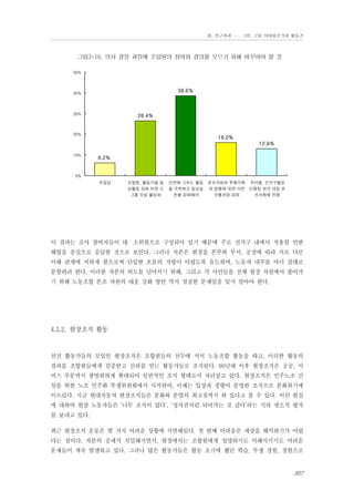 Ⅲ. 연구결과 …… 3장. 고용 이데올로기와 활동가

그림3-16. 의사 결정 과정에 조합원의 참여와 결의를 모으기 위해 바꾸어야 할 것
50%

38.6%

40%

30%

26.4%

20%

16.0%
12.9%

10%

6.2%

0%
무응답

조합원, 활동가들 일
상활동 강화 위한 소
그룹 모임 활성화

선전에 그치는 활동
을 극복하고 일상실
천을 강화해야

본조차원의 투쟁기획 부서별, 선거구별로
과 집행에 대한 사전 단절된 현안 대응 본
수렴과정 강화
조차원에 진행

이 결과는 조사 참여자들이 대・소위원으로 구성되어 있기 때문에 주로 선거구 내에서 적용할 만한
해법을 중심으로 응답한 것으로 보인다. 그러나 자본은 현장을 본부와 부서, 공장에 따라 서로 다른
이해 관계에 처하게 함으로써 단일한 흐름의 저항이 어렵도록 유도하며, 노동자 내부를 여러 갈래로
분할하려 한다. 이러한 자본의 의도를 넘어서기 위해, 그리고 각 사안들을 전체 현장 차원에서 풀어가
기 위해 노동조합 본조 차원의 대응 강화 방안 역시 절실한 문제임을 잊지 말아야 한다.

4.5.2. 현장조직 활동

선진 활동가들의 모임인 현장조직은 조합원들의 선두에 서서 노동조합 활동을 하고, 이러한 활동의
결과를 조합원들에게 검증받고 신뢰를 얻는 활동가들로 조직된다. 90년대 이후 현장조직은 공공, 서
비스 부문까지 광범위하게 확대되어 일반적인 조직 형태로서 자리잡고 있다. 현장조직은 민주노조 건
설을 위한 노조 민주화 투쟁위원회에서 시작하여, 이제는 입장과 경향이 분명한 조직으로 분화하기에
이르렀다. 지금 현대자동차 현장조직들은 분화와 분열의 최고점까지 와 있다고 볼 수 있다. 이런 현실
에 대하여 현장 노동자들은 ‘너무 조직이 많다’, ‘정치권처럼 되어가는 것 같다’라는 식의 냉소적 평가
를 보내고 있다.
최근 현장조직 운동은 몇 가지 어려운 상황에 직면해있다. 첫 번째 어려움은 세상을 해석하기가 어렵
다는 점이다. 자본의 공세가 치밀해지면서, 현장에서는 조합원에게 설명하기도 이해시키기도 어려운
문제들이 계속 발생하고 있다. 그러나 많은 활동가들은 활동 초기에 했던 학습, 투쟁 경험, 경험으로

307

 