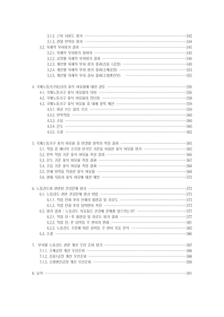3.1.2. 근육 사용도 평가 ···························
···························
···························
···························

342

3.1.3. 관절 반복성 평가 ···························
···························
···························
···························

344

3.2. 육체적 부하평가 결과 ····························
····························
····························
····························

345

3.2.1. 육체적 부하평가 참여자 ·························
·························
························
························

345

3.2.2. 공장별 육체적 부하평가 결과 ·······················
······················
······················
······················

346

3.2.3. 개인별 육체적 부하 평가 결과(승용 1공장) ·················
·················
·················
·················

349

3.2.4. 개인별 육체적 부하 평가 결과(소재공장) ··················
··················
··················
·················

353

3.2.5. 개인별 육체적 부하 검사 결과(소형엔진부)

355

················
················
················
················

4. 국제노동기구(ILO)의 휴식 여유율에 대한 검토 ·····················
·····················
·····················
·····················

356

4.1. 국제노동기구 휴식 여유율의 의미 ························
·······················
·······················
·······················

356

4.2. 국제노동기구 휴식 여유율의 장단점 ·······················
·······················
······················
······················

358

4.3. 국제노동기구 휴식 여유율 중 대체 항목 제안 ···················
···················
··················
··················

359

4.3.1. 평균 쓰는 힘의 크기 ··························
··························
··························
·························

359

4.3.2. 반복작업 ·······························
·······························
······························
······························

360

4.3.3. 소음 ·································
································
································
································

360

4.3.4. 온도 ·································
································
································
································

360

4.3.5. 소결 ·································
································
································
································

362

5. 국제노동기구 휴식 여유율 중 변경할 항목의 측정 결과 ··················
··················
·················
·················

365

5.1. 작업 중 에너지 소모량 한국인 기준을 이용한 휴식 여유율 평가 ············
···········
···········
···········

365

5.2. 반복 작업 기준 휴식 여유율 측정 결과 ······················
·····················
·····················
·····················

366

5.3. 온도 기준 휴식 여유율 측정 결과 ························
·······················
·······················
·······················

367

5.4. 소음 기준 휴식 여유율 측정 결과 ························
·······················
·······················
·······················

368

5.5. 전체 항목을 적용한 휴식 여유율 ························
························
························
·······················

368

5.6. 현대 자동차 휴식 여유에 대한 제언 ·······················
·······················
······················
······················

372

6. 노동강도와 관련된 건강문제 평가 ··························
··························
··························
··························
6.1. 노동강도 관련 건강문제 평가 방법 ·······················
·······················
·······················
······················

373
373

6.1.1. 작업 전과 후의 신체의 불편감 및 피로도 ··················
··················
·················
·················

373

6.1.2. 작업 전과 후의 심박변이 측정 ······················
······················
······················
·····················

373

6.2. 평가 결과 : 노동강도 지표들은 건강에 문제를 일으키는가? ·············
·············
·············
·············

377

6.2.1. 작업 전⋅후 불편감 및 피로도 평가 결과 ··················
··················
·················
·················

377

6.2.2. 작업 전, 후 심박동 수 변이의 변화 ····················
····················
····················
····················

381

6.2.3. 노동강도 수준에 따른 심박동 수 변이 지표 분석 ···············
···············
··············
··············

383

6.3. 소결 ···································
···································
···································
··································
7. 부서별 노동강도 관련 개선 우선 순위 평가 ······················
······················
······················
·····················

386
387

7.1.1. 소재공장 개선 우선순위 ···························
···························
··························
··························

388

7.1.2. 승용1공장 개선 우선순위 ··························
··························
··························
··························

388

7.1.3. 소형엔진공장 개선 우선순위 ·························
·························
·························
························

390

8. 요약 ······································
······································
·····································
·····································

391

 