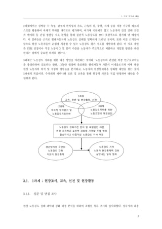 Ⅰ. 연구 목적과 내용

2과제에서는 심박동 수 측정, 관절의 반복성과 속도, 근육의 힘, 중량, 자세 등을 각종 기구와 체크리
스트를 활용하여 육체적 부하를 다각도로 평가하며, 여기에 국한되지 않고 노동자의 건강 상태 전반
과 맨아워 등 간접 생산성 지표 분석을 통해 집단적 노동강도를 보다 포괄적으로 평가해 낼 예정이
다. 이 결과들을 근거로 현대자동차의 노동강도 실태를 명확하게 드러낼 것이며, 또한 이를 근거삼아
앞으로 현장 노동자들이 손쉽게 사용할 수 있는 노동강도 평가 지표를 개발하게 된다. 이 지표 개발
은 UPH 선정이나 적정 노동시간 및 인력 수준을 노동자가 주도적으로 제안하고 개입할 방안을 마련
한다는 점에서 중요한 의의를 갖는다.
3과제는 노동강도 저하를 위한 대응 방안을 마련하는 것이다. 노동강도와 관련된 각종 연구보고서들
을 총망라하여 검토하는 한편, 그동안 현장에 유포해온 현대자동차 자본의 이데올로기와 이에 대한
현장 노동자의 의식 및 저항의 경험들을 분석하고, 노동자의 현장통제력을 강화할 대안을 찾는 것이
3과제의 목표이다. 수차례의 세미나와 토론 및 교육을 통해 현장의 의견을 직접 반영하여 대안을 수
립하게 된다.

1과제
교육, 훈련 및 현장활동, 선전
2과제

3과제

육체적 부하평가 및

노동강도저하를 위한

노동강도지표마련

노동조합의 대응방안

노동강도 강화기전 분석 및 해결방안 마련
현장 조직력과 실천력 강화에 기여할 주체 형성
일상적이고 대중적인 노동강도 저하 투쟁

생산방식의 유연화

노동강도 저하

노동강도 강화

노동자 현장통제력 강화

자본의 현장통제

살맛나는 일터 쟁취

3.1. 1과제 ; 현장조사, 교육, 선전 및 현장활동

3.1.1.

설문 및 면접 조사

현장 노동강도 실태 파악과 강화 과정 분석을 위하여 조합원 설문 조사를 실시하였다. 설문지의 내용

3

 