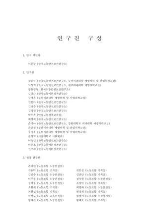 연 구 진

구 성

1. 연구 책임자
이훈구 (한국노동안전보건연구소)
2. 연구원
강동묵 (한국노동안전보건연구소, 부산의과대학 예방의학 및 산업의학교실)
고상백 (한국노동안전보건연구소, 원주의과대학 예방의학교실)
공유정옥 (한국노동안전보건연구소)
김경근 (한국노동이론정책연구소)
김명옥 (부산의과대학 예방의학 및 산업의학교실)
김인아 (한국노동안전보건연구소)
김정수 (한국노동안전보건연구소)
김정원 (한국노동안전보건연구소)
박우옥 (안양노동정책교육실)
배영희 (한국노동안전보건연구소)
손미아 (한국노동안전보건연구소, 강원대학교 의과대학 예방의학교실)
손민정 (부산의과대학 예방의학 및 산업의학교실)
우지훈 (부산의과대학 예방의학 및 산업의학교실)
윤영학 (서울대학교 사회학과)
이숙견 (한국노동안전보건연구소)
이종호 (한국노동이론정책연구소)
전주희 (한국노동이론정책연구소)
3. 현장 연구원
손덕헌 (노동조합 노동안전실)
권용탁 (노동조합 조직실)

권인섭 (노동조합 기획실)

김진수 (노동조합 노동안전실)

김진담 (노동조합 기획실)

이주우 (노동조합 노동안전실)

정옥현 (노동조합 노동안전실)

정택용 (노동조합 노동안전실)

조창민 (노동조합 기획실)

조환희 (노동조합 조직실)

최병화 (노동조합 노동안전실)

최현섭 (노동조합 기획실)

한경희 (노동조합 기획실)

한석모 (노동조합 교육선전실)

황광석 (노동조합 후생복지실)

황세관 (노동조합 노동안전실)

황태호 (노동조합 조직실)

 