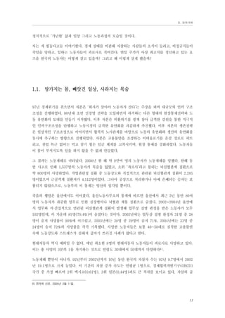 Ⅱ. 들어가며

정치적으로 ‘가난한’ 삶과 일상 그리고 노동과정의 모습일 것이다.
사는 게 힘들다고들 이야기한다. 경제 상태를 비관해 자살하는 사람들의 소식이 들리고, 비정규직들이
죽임을 당하고, 일하는 노동자들이 과로사로 죽어간다. 연일 주가가 사상 최고치를 경신하고 있는 요
즈음 한국의 노동자는 어떻게 살고 있을까? 그리고 왜 이렇게 살게 됐을까?

1.1. 망가지는 몸, 빼앗긴 일상, 사라지는 목숨

97년 경제위기를 겪으면서 자본은 ‘회사가 살아야 노동자가 산다’는 주장을 펴며 대규모의 인력 구조
조정을 진행하였다. 90년대 초반 신경영 전략을 도입하면서 과거와는 다른 형태의 현장통제전략과 노
동 유연화의 토대를 만들기 시작했다. 이후 자본은 외환위기를 핑계 삼아 급격한 감원을 통한 적극적
인 인력구조조정을 단행하고 노동시장의 급격한 유연화를 과감하게 추진했다. 이후 자본의 생존전략
은 일상적인 구조조정으로 이어지면서 협력적 노사관계를 바탕으로 노동의 유연화와 생산의 유연화를
동시에 추구하는 방향으로 진행되었다. 자본은 고용불안을 조장하는 이데올로기를 온갖 경로로 퍼뜨
리고, 잔업 특근 없이는 먹고 살기 힘든 임금 체계를 고착시키며, 현장 통제를 강화하였다. 노동자들
이 몸이 부서지도록 일을 하지 않을 수 없게 만들었다.
그 결과는 노동재해로 나타났다. 2004년 한 해 약 9만여 명의 노동자가 노동재해를 당했다. 한해 동
안 사고로 인해 1,537명의 노동자가 목숨을 잃었고, 소위 ‘과로사’라고 불리는 뇌심혈관계 질환으로
약 800명이 사망하였다. 작업관련성 질환 중 노동강도와 직접적으로 관련된 뇌심혈관계 질환이 2,285
명이었으며 근골격계 질환자가 4,112명이었다. 그나마 공상으로 처리하거나 아예 은폐되는 숫자는 포
함되지 않았으므로, 노동부의 이 통계는 빙산의 일각일 뿐이다.
죽음의 행렬은 울산에서도 이어졌다. 울산노동사무소의 통계에 따르면 울산에서 최근 3년 동안 80여
명의 노동자가 과중한 업무로 인한 심장병이나 뇌혈관 계통 질환으로 숨졌다. 2002~2004년 울산에
서 업무와 직·간접적으로 연관된 뇌심혈관계 질환이 발생해 업무상 질병 판정을 받은 노동자가 모두
102명인데, 이 가운데 81명(79.4%)이 숨졌다는 것이다. 2002년에는 업무상 질병 판정자 31명 중 28
명이 숨져 사망률이 90%에 이르렀고, 2003년에는 38명 중 29명이 숨져 71%, 2004년에는 33명 중
24명이 숨져 72%의 사망률을 각각 기록했다. 사망한 노동자들은 보통 40~50대로 심각한 고용불안
속에 노동강도와 스트레스가 심해져 갑자기 쓰러진 사례가 많다고 한다.
현대자동차 역시 예외일 수 없다. 매년 최소한 8명의 현대자동차 노동자들이 과로사로 사망하고 있다.
이는 총 사망의 3분의 1을 차지하는 것으로 연령도 30대에서 50대까지 다양하다8).
노동재해 뿐만이 아니다. 92년부터 2002년까지 10년 동안 한국의 자살자 수는 92년 9.7명에서 2002
년 19.1명으로 크게 늘었다. 이 기간의 자살 증가 속도는 연평균 1명으로, 경제협력개발기구(OECD)
국가 중 가장 빠르며 2위 멕시코(0.61명), 3위 일본(0.44명)과도 큰 격차를 보이고 있다. 자살의 급
8) 한겨레 신문, 2005년 3월 11일.

11

 