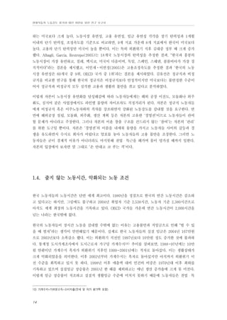 현대자동차 노동강도 평가와 대안 마련을 위한 연구 보고서

하는 미국보다 크게 높다. 노동시장 유연성, 고용 유연성, 임금 유연성 각각을 장기 탄력성과 1개월
이내의 단기 탄력성, 조정속도를 기준으로 비교하면, 9개 지표 가운데 8개 지표에서 한국이 미국보다
높다. 고용의 단기 탄력성만 미국이 높을 뿐이다. 이는 특히 외환위기 직후 김대중 정부 때 크게 증가
했다. Albagli, Garcia, Restrepo(2005)는 18개국 노동시장의 탄력성을 추정한 결과, “한국과 홍콩의
노동시장이 가장 유연하고, 칠레, 멕시코, 미국이 다음이며, 독일, 스페인, 스웨덴, 콜롬비아가 가장 경
직적이다”라는 결론을 제시했고, 이인재⋅이연정(2005)은 고용조정속도를 추정한 결과 ‘한국의 노동
시장 유연성은 60개국 중 9위, OECD 국가 중 1위’라는 결론을 제시하였다. 김유선은 정규직과 비정
규직을 비교한 연구를 통해 한국의 정규직은 비정규직보다 안정적이지만 미국보다는 불안정한 수준이
어서 정규직과 비정규직 모두 심각한 고용과 생활의 불안을 겪고 있다고 분석하였다.
이렇게 자본이 노동시장 유연화를 달성해감에 따라 노동자들에게는 해외 공장 이전도, 모듈화나 외주
화도, 심지어 같은 사업장에서도 라인별 물량의 차이조차도 걱정거리가 된다. 자본은 정규직 노동자들
에게 비정규직 혹은 이주노동자와의 격차를 강조하면서 강화된 노동강도를 감내할 것을 요구한다. 반
면에 해외공장 설립, 모듈화, 외주화, 생산 계획 등은 자본의 고유한 ‘경영권’이므로 노동자들이 관여
할 문제가 아니라고 주장한다. 그러나 자본의 이윤 창출 구조를 건드리지 않는 ‘참여’는 자본의 ‘관리’
를 위한 도구일 뿐이다. 자본은 ‘경영권’의 이름을 내세워 물량을 가지고 노동자들 사이의 갈등과 경
쟁을 유도하면서 수시로 회사가 어렵다고 엄포를 놓아 노동자들의 고용 불안을 조장한다. 그러면 노
동자들은 굳이 경제적 이유가 아니더라도 마지못해 잔업・특근을 해가며 몸이 망가질 때까지 일한다.
자본의 입장에서 보자면 말 그대로 ‘손 안대고 코 푸는 격’이다.

1.4. 줄지 않는 노동시간, 악화되는 노동 조건

한국 노동자들의 노동시간은 단연 세계 최고이다. 1980년을 정점으로 한국의 연간 노동시간은 감소하
고 있다고는 하지만, 그럼에도 불구하고 2004년 취업자 기준 2,538시간, 노동자 기준 2,380시간으로
아직도 세계 최장의 노동시간을 기록하고 있다. OECD 국가들 가운데 연간 노동시간이 2,000시간을
넘는 나라는 한국밖에 없다.
한국의 노동자들이 장시간 노동을 감내할 수밖에 없는 이유는 고용불안과 저임금으로 인해 “벌 수 있
을 때 벌자”라는 생각이 만연해있기 때문이다. 실제로 한국 노동자들의 실질 임금은 2004년 167만원
으로 2003년보다 소폭감소 했다. 이는 외환위기 직전인 1997년보다 10만원 정도 증가한 것에 불과하
다. 통계청 도시가계조사에서 도시근로자 가구당 가계수지10) 추이를 살펴보면, 1988~97년에는 10만
원 안팎이던 가계수지 흑자가 외환위기 직후인 1999~2001년에는 적자로 돌아섰다. 이는 생활상태가
크게 악화되었음을 의미한다. 이후 2002년부터 가계수지는 흑자로 돌아섰지만 아직까지 외환위기 이
전 수준을 회복하고 있지 못 하다. 1998년 이후 매출액 대비 인건비 비중은 1970년대 이후 최하를
기록하고 있으며 실질임금 상승률은 2001년 한 해를 제외하고는 매년 생산 증가율에 크게 못 미친다.
이렇게 임금 상승률이 저조하고 실질적 생활임금 수준에 미치지 못하기 때문에 노동자들은 잔업・특

10) 가계수지=가처분소득-소비지출(전세 및 자가 평가액 포함)

14

 