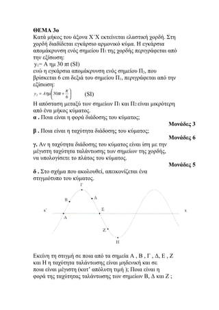 ΘΕΜΑ 3ο
Κατά μήκος του άξονα Χ΄Χ εκτείνεται ελαστική χορδή. Στη
χορδή διαδίδεται εγκάρσιο αρμονικό κύμα. Η εγκάρσια
απομάκρυνση ενός σημείου Π1 της χορδής περιγράφεται από
την εξίσωση:
y1= A ημ 30 πt (SI)
ενώ η εγκάρσια απομάκρυνση ενός σημείου Π2, που
βρίσκεται 6 cm δεξιά του σημείου Π1, περιγράφεται από την
εξίσωση:
                 π
y 2 = Aηµ  30πt +    (SI)
                 6
Η απόσταση μεταξύ των σημείων Π1 και Π2 είναι μικρότερη
από ένα μήκος κύματος.
α . Ποια είναι η φορά διάδοσης του κύματος;
                                                       Μονάδες 3
β . Ποια είναι η ταχύτητα διάδοσης του κύματος;
                                                       Μονάδες 6
γ. Αν η ταχύτητα διάδοσης του κύματος είναι ίση με την
μέγιστη ταχύτητα ταλάντωσης των σημείων της χορδής,
να υπολογίσετε το πλάτος του κύματος.
                                                       Μονάδες 5
δ . Στο σχήμα που ακολουθεί, απεικονίζεται ένα
στιγμιότυπο του κύματος.




Εκείνη τη στιγμή σε ποια από τα σημεία Α , Β , Γ , Δ, Ε , Ζ
και Η η ταχύτητα ταλάντωσης είναι μηδενική και σε
ποια είναι μέγιστη (κατ’ απόλυτη τιμή ); Ποια είναι η
φορά της ταχύτητας ταλάντωσης των σημείων Β, Δ και Ζ ;
 