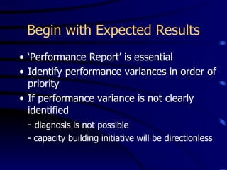 Begin with Expected Results
• ‘Performance Report’ is essential
• Identify performance variances in order of
  priority
• If performance variance is not clearly
  identified
  - diagnosis is not possible
 - capacity building initiative will be directionless
 