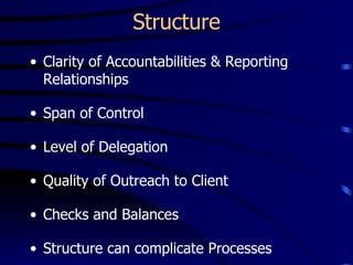 Structure
• Clarity of Accountabilities & Reporting
  Relationships

• Span of Control

• Level of Delegation

• Quality of Outreach to Client

• Checks and Balances

• Structure can complicate Processes
 
