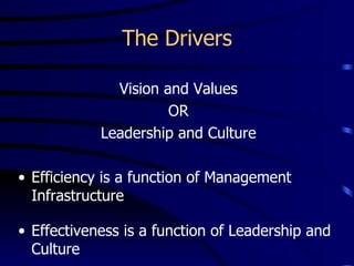 The Drivers

              Vision and Values
                      OR
            Leadership and Culture

• Efficiency is a function of Management
  Infrastructure

• Effectiveness is a function of Leadership and
  Culture
 
