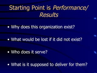 Starting Point is Performance/
             Results
• Why does this organization exist?

• What would be lost if it did not exist?

• Who does it serve?

• What is it supposed to deliver for them?
 