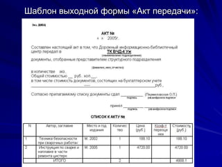 Шаблон выходной формы «Акт передачи»:
 