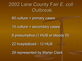 2002 Lane County Fair2002 Lane County Fair E. coliE. coli
OutbreakOutbreak
60 culture + primary cases60 culture + primary ...