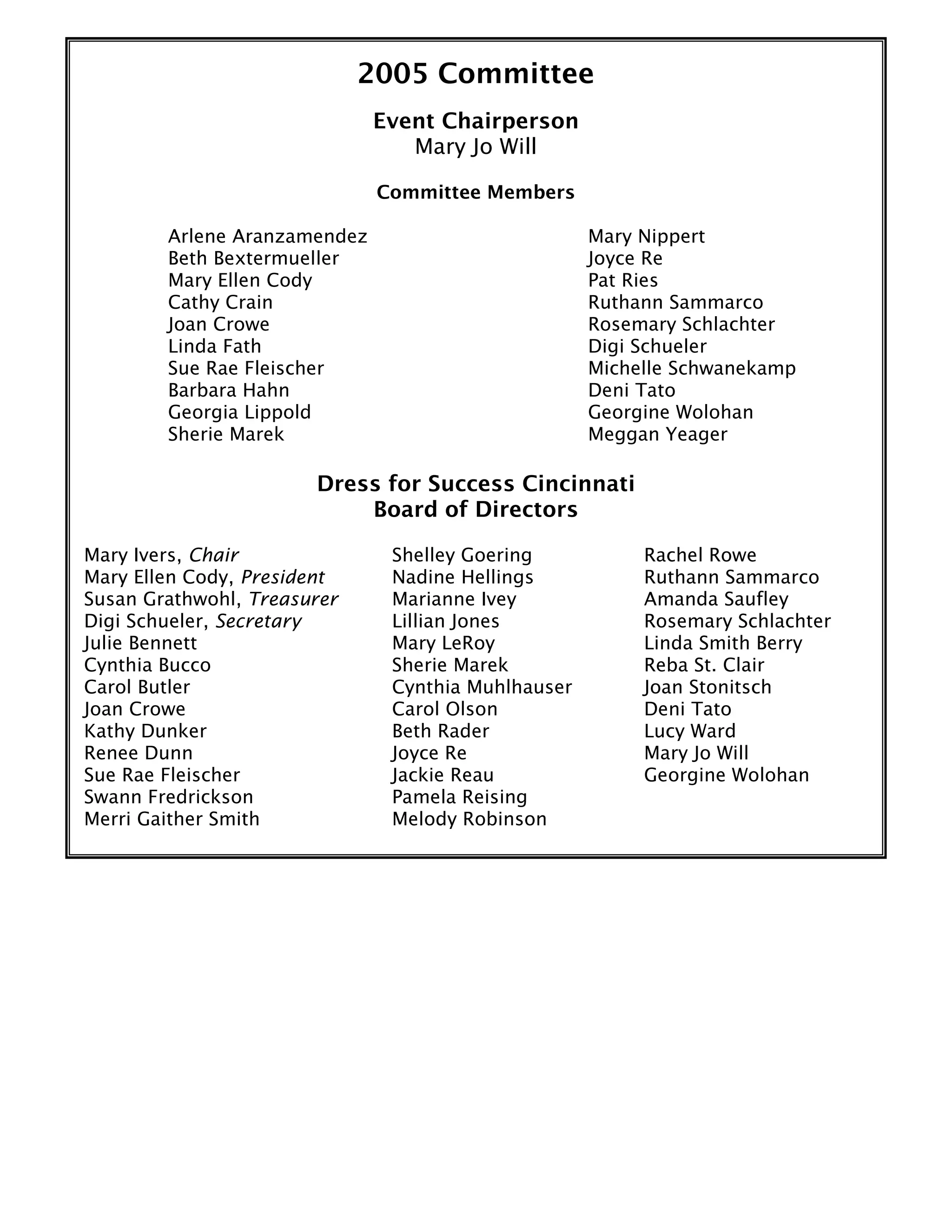 2005 Committee
Event Chairperson
Mary Jo Will
Committee Members
Arlene Aranzamendez
Beth Bextermueller
Mary Ellen Cody
Cathy Crain
Joan Crowe
Linda Fath
Sue Rae Fleischer
Barbara Hahn
Georgia Lippold
Sherie Marek
Mary Nippert
Joyce Re
Pat Ries
Ruthann Sammarco
Rosemary Schlachter
Digi Schueler
Michelle Schwanekamp
Deni Tato
Georgine Wolohan
Meggan Yeager
Dress for Success Cincinnati
Board of Directors
Mary Ivers, Chair
Mary Ellen Cody, President
Susan Grathwohl, Treasurer
Digi Schueler, Secretary
Julie Bennett
Cynthia Bucco
Carol Butler
Joan Crowe
Kathy Dunker
Renee Dunn
Sue Rae Fleischer
Swann Fredrickson
Merri Gaither Smith
Shelley Goering
Nadine Hellings
Marianne Ivey
Lillian Jones
Mary LeRoy
Sherie Marek
Cynthia Muhlhauser
Carol Olson
Beth Rader
Joyce Re
Jackie Reau
Pamela Reising
Melody Robinson
Rachel Rowe
Ruthann Sammarco
Amanda Saufley
Rosemary Schlachter
Linda Smith Berry
Reba St. Clair
Joan Stonitsch
Deni Tato
Lucy Ward
Mary Jo Will
Georgine Wolohan
 