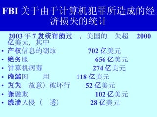 FBI 关于由于计算机犯罪所造成的经济损失的统计 2003 年 7 月发布的统计，美国的损失超过 2000 亿美元，其中 产权信息的窃取  702 亿美元 拒绝服务  656 亿美元 计算机病毒  274 亿美元 内部网络滥用  118 亿美元 （人为故意）破坏行为  52 亿美元 金融欺诈  102 亿美元 系统入侵（渗透）  28 亿美元  
