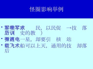 怪圈影响举例 影响了以军带民，以民促军->技术落后（历史的教训） 有两弹一星，却要引进核电站 载人飞船可以上天，通用的技术却落后 