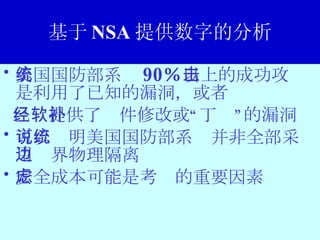 基于 NSA 提供数字的分析 美国国防部系统 90% 以上的成功攻击是利用了已知的漏洞，或者 已经提供了软件修改或“补丁”的漏洞 可以说明美国国防部系统并非全部采用边界物理隔离 安全成本可能是考虑的重要因素 