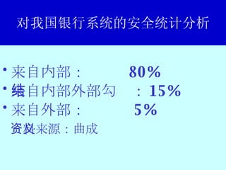 对我国银行系统的安全统计分析 来自内部：  80% 来自内部外部勾结： 15% 来自外部：  5% 资料来源：曲成义 