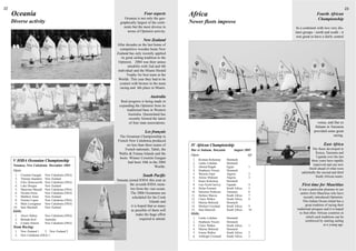 22                                                                                                                                                                                         23
     Oceania                                                               Four aspects        Africa                                                            Fourth African
                                                           Oceania is not only the geo-                                                                          Championship
     Diverse activity                                   graphically largest of the conti-      Newer fleets improve
                                                          nents but the most diverse in                                                           In a continent with two very dis-
                                                             terms of Optimist activity.                                                         tinct groups - north and south - it
                                                                                                                                                  was great to have a fairly central
                                                                          New Zealand
                                                      After decades as the last home of
                                                        competitive wooden boats New
                                                      Zealand has only recently applied
                                                          its great sailing tradition to the
                                                       Optimist. 2004 was their annus
                                                               mirabilis with 2nd and 4th
                                                       individual and the Miami Herald
                                                              Trophy for best team at the
                                                       Worlds. This year they had to be
                                                        content with bronze in the team
                                                         racing and 6th place in Miami.

                                                                               Australia
                                                         Real progress is being made in
                                                        expanding the Optimist from its
                                                            traditional base in Western
                                                             Australia. Queensland has
                                                              recently formed the latest
                                                              of four state associations.                                                                        venue, and Dar es
                                                                                                                                                                Salaam in Tanzania
                                                                           Les français                                                                        provided some great
                                                        The Oceanian Championship in                                                                                        racing.
                                                       French New Caledonia produced
                                                             no less than three teams of       IV African Championship                                                 East Africa
                                                           French nationals, Tahiti, the       Dar es Salaam, Tanzania          August 2005                  The fleets developed in
                                                        Wallis & Futuna Islands and the                                                                        Kenya, Tanzania and
                                                                                               Open                                       Afr.                  Uganda over the last
                                                        hosts. Winner Corentin Guegan            1.   Kristian Kirketerp   Denmark
      V IODA Oceanian Championship                            had been 10th in the 2004                                                                     three years have rapidly
                                                                                                 2.   Lærke Lokdam         Denmark                           improved and can now
      Noumea, New Caledonia December 2004                                        Worlds.         3.   Ahmed Ragab          Egypt          1
                                                                                                                                                          finish ahead of what were
      Open                                                                                       4.   Stephanie Nissen     Denmark
                                                                                                 5.   Wassim Ziani         Algeria        2          admittedly the second and third
       1.   Corentin Guegan     New Caledonia (FRA)                       South Pacific          6.   Amine Midoum         Algeria        3                    South African teams.
       2.   Thomas Saunders     New Zealand
                                                      Vanuatu joined IODA this year as           7.   Kaare Kirketerp      Denmark
       3.   Felix Denavacelle   New Caledonia (FRA)
       4.   Luke Deegan         New Zealand                    the seventh IODA mem-             8.   Lars Fjord Garvey    Uganda         4          First time for Mauritius
       5.   Maaxime Mazard      New Caledonia (FRA)             ber from the vast ocean.         9.   Dylan Emmett         South Africa   5         It was a particular pleasure to see
       6.   Nicolas Poree       New Caledonia (FRA)             The 2006 Oceanians are          10.   Salomon Pedersen     Tanzania       6          sailors from Mauritius who have
       7.   Matthew Jones       New Zealand                                                     11.   Stefano Marcia       South Africa   7
                                                                 scheduled for the Cook                                                                 recently introduced Optimists.
       8.   Etienne Lepen       New Caledonia (FRA)                                             12.   Claire Walker        South Africa   8
                                                                              Islands and       13.   Marina Behrend       Denmark                     This Indian Ocean island has a
       9.   Malo Leseigneur     New Caledonia (FRA)                                                                                                      great tradition of racing their
      10.   Sam Marshall        New Zealand                     it is hoped that as many        14.   Michael Crosland     South Africa   9
                                                                as possible of them will        15.   Sam Hancock          South Africa   10      traditional pirogues and it is hoped
      Girls:                                                                                                                                        to find other African countries in
                                                                    make the huge effort       Girls:
       1.   Alexis Dubuc        New Caledonia (FRA)                                                                                                       which such traditions can be
       2.   Belinda Kerl        Australia                              required to attend.       1.   Lærke Lokdam         Denmark
                                                                                                 2.   Stephanie Nissen     Denmark                        reinforced by starting sailing
       3.   Coralie Simoni      New Caledonia (FRA)
                                                                                                 3.   Claire Walker        South Africa   1                             at a young age.
      Team Racing:
                                                                                                 4.   Marina Behrend       Denmark
       1.   New Zealand 1    3. New Zealand 2                                                    5.   Emma Walker          South Africa   2
       2.   New Caledonia (FRA) 1                                                                6.   Ashleigh Crosland    South Africa   3
 