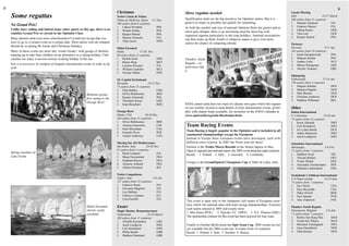 8                                                                                                                                                                                                                                                        9
                                                                                     Christmas                                More regattas needed                                                              Garda Meeting
    Some regattas                                                                    Trofeo Ciutat de Palma
                                                                                     Palma de Mallorca, Spain 4-7 Dec.        Qualification trials are the big incentive for Optimist sailors. But it is
                                                                                                                                                                                                                Italy                    24-27 March
                                                                                                                                                                                                                586 sailors from 21 countries
                                                                                     268 sailors from 8 countries             great if as many as possible can qualify for something.                           1. Martino Tortarolo           ITA
    No Grand Prix!                                                                   1. Lukasz Przybtek           POL                                                                                           2. Federico Macari             ITA
    Unlike later sailing and indeed many other sports at this age, there is no                                                As both the number and size of national Optimist fleets has grown and as
                                                                                     2. Wojtek Zemke              POL                                                                                           3. Fabian Kaske                GER
    ranklist, Grand Prix or circuit in the Optimist Class.                                                                    travel gets cheaper, there is an increasing need for more big well-
                                                                                     3. Kacper Staniul            POL                                                                                           4. Tina Lutz                   GER
                                                                                                                              organised regattas particularly in the long holidays. National associations       5. Kacper Staniul              POL
    Many parents (and even more schoolteachers!) would not accept that you           4. Marino Tortarolo          ITA
                                                                                                                              can then make up third, fourth or whatever teams to give even more
    have to go to a certain event on a certain date. Most sailors who do compete     5. Thijs Groot               NED
                                                                                                                              sailors the chance of competing abroad.                                           Portoroz
    abroad do so during the Easter and Christmas holidays.                                                                                                                                                      Slovenia                    9-11 Apr.
                                                                                     Malta Euromed
    Many of these events are more like ‘winter breaks” with groups of families       Malta              17-20 Dec.                                                                                              342 sailors from 10 countries
    teaming up to take their children on an alternative to a skiing holiday. Club    86 sailors from 11 countries                                                                                               1. Jacek Sierzputowski           POL
    coaches too enjoy a not-too-serious working holiday in the sun.                  1. Henrik Grim                  SWE      Flanders Youth                                                                    2. Mateusz Kolata                POL
                                                                                     2. Benjie Borg                  MLT                                                                                        3. Andraz Gulic                  SLO
    Nor is it necessary to compete at frequent international events in order to do                                            Regatta - we
                                                                                     3. Lorenzo Piccioni             ITA                                                                                        4. Marios Petrogonas             GRE
    well.                                                                                                                     need more like
                                                                                     4. William Camilleri            MLT                                                                                        5. Vassilis Tsokaras             GRE
                                                                                                                              it
                                                                                     5. Nicolas Wallin               SWE
                                                                                                                                                                                                                Optispring
                                                                                     XL Capital Invitational                                                                                                    Netherlands               17-18 Apr.
                                                                                     Bermuda                   19-22 Dec.                                                                                       159 sailors from 5 countries
                                                                                     73 sailors from 13 countries                                                                                               1. Magnus Kældsø                DEN
                                                                                     1. Filip Matika                  CRO                                                                                       2. Maarten Dagelet              NED
                                                               Bahamas group -       2. Oliver Riihiluoma             BER                                                                                       3. Dirk Bennen                  NED
                                                                                     3. Kacper Zieminski              POL                                                                                       4. Christian Andersen           DEN
                                                               first outing to the
                                                                                     4. Theofanis Kavas               GRE                                                                                       5. Mathieu Willemart            BEL
                                                               Orange Bowl
                                                                                     5. Sean Bouchard                 BER     IODA cannot (and does not want to!) dictate who goes where but organis-
                                                                                                                              ers are warmly invited to send details of truly international events, prefer-     Other
                                                                                     Orange Bowl                              ably with charter boats available, for inclusion on the IODA Calendar at          Dubai International
                                                                                     Miami, USA             26-30 Dec.        www.optiworld.org/ioda-06calendar.html                                            U.A.Emirates               23-30 Jan.
                                                                                     284 sailors from 11 countries                                                                                              75 sailors from 14 countries
                                                                                     1. Oliver Riihiluoma           BER                                                                                         1. Karin Alkstedt                SWE
                                                                                     2. Arantza Gumuchio            CHI        Team Racing Events                                                               2. Carl Strombeck                SWE
                                                                                     3. Sean Moynahan               USA                                                                                         3. Jes Lyhne Bonde               DEN
                                                                                                                               Team Racing is hugely popular in the Optimist and is included in all
                                                                                     4. Gonzalo Picco               PER                                                                                         4. Adam Johansson                SWE
                                                                                     5. Austen Anderson             USA        continental championships except the European.
                                                                                                                                                                                                                5. Jacob Lundqvist               SWE
                                                                                                                               Instead in Europe three European events have developed, each with
                                                                                     Meeting Int. del Mediterraneo             different entry criteria. In 2005 the Poles won all three!                       Schoelcher International
                                                                                     San Remo, Italy          28-30 Dec.       Earliest is the Trofeo Marco Rizzotti in the Venice lagoon in May.               Martinique                  5-9 Feb.
                                                                                     67 sailors from 3 countries               Open to regional and national teams, the 2005 event attracted eight countries.   75 sailors from 7 countries
    Spring sunshine on                                                               1. Paolo Cattaneo               ITA       Result: 1. Poland 2. Italy 3. Germany 4. Lombardy                                1. Matthew Scott                 TRI
    Lake Garda                                                                       2. Manu Deceuninck              FRA                                                                                        2. Vincent Berthez               FRA
                                                                                     3. Sophiam Bouvet               FRA                                                                                        3. Yvann Thelier                 FRA
                                                                                     4. Aymeric Arthaud              FRA
                                                                                                                               Unique is the GrandOptical Champions Cup in Valle di Ledro, Italy.
                                                                                                                                                                                                                4. Alexander Zimmermann          PER
                                                                                     5. Adrian Gremaud               SUI                                                                                        5. Valentin Lemarchand           FRA

                                                                                     Trofeo Campobasso                                                                                                          Scotiabank Caribbean International
                                                                                     Naples, Italy                 4-6 Jan.                                                                                     U.S.Virgin Islands          16-19 June
                                                                                     127 sailors from 12 countries                                                                                              75 sailors from 7 countries
                                                                                     1. Federica Wetzl                ITA                                                                                       1. Ian Liberty                   USA
                                                                                     2. Giovanni Magliulo             ITA                                                                                       2. Suzy Reynolds                 USA
                                                                                     3. Leo Dubbini                   ITA                                                                                       3. Haley Powell                  BER
                                                                                     4. Federico Cattaneo             ITA                                                                                       4. Ivan Aponte                   PUR
                                                                                     5. Luca Paolillo                 ITA                                                                                       5. Alec Anderson                 IVB
                                                                                                                               This event is open only to the champion club teams of European coun-
                                                                                                                               tries which run national inter-club team racing championships. Fourteen
                                                               Malta Euromed:        Easter                                    such teams entered in 2005 and results were:
                                                                                                                                                                                                                Flanders Youth Regatta
                                                               charter easily        Magic Marine, Braassemermeer                                                                                               Nieuwpoort, Belgium         2-6 July
                                                                                                                               1. Mos Ilawa (POL) 2. Hjuviks Y.C. (SWE) 3. N.C. Piraeus (GRE)                   71 sailors from 7 countries
                                                               available             Netherlands              25-28 March
                                                                                     269 sailors from 11 countries
                                                                                                                               The sponsorship contract for this event has been renewed for four years.         1. Rufina Tan Hong Mui          MAS
                                                                                     1. Afrodite Kyranakou           GRE                                                                                        2. Fazani bin Yahaya            MAS
                                                                                     2. Jacob Lundqvist              SWE       Finally in October Berlin hosts the Opti Team Cup. 2005 results are not          3. Hermann Tomasgaard           SWE
                                                                                     3. Carl Strombeck               SWE       yet available but the 2004 event saw 16 teams from 14 countries.                 4. Guus Disselhorst             NED
                                                                                     4. Philip Sparks                GBR       Result: 1. Poland 2. Italy 3. Sweden 4. Russia                                   5. Nina Keijzer                 NED
                                                                                     5. Matthew Rainback             GBR
 