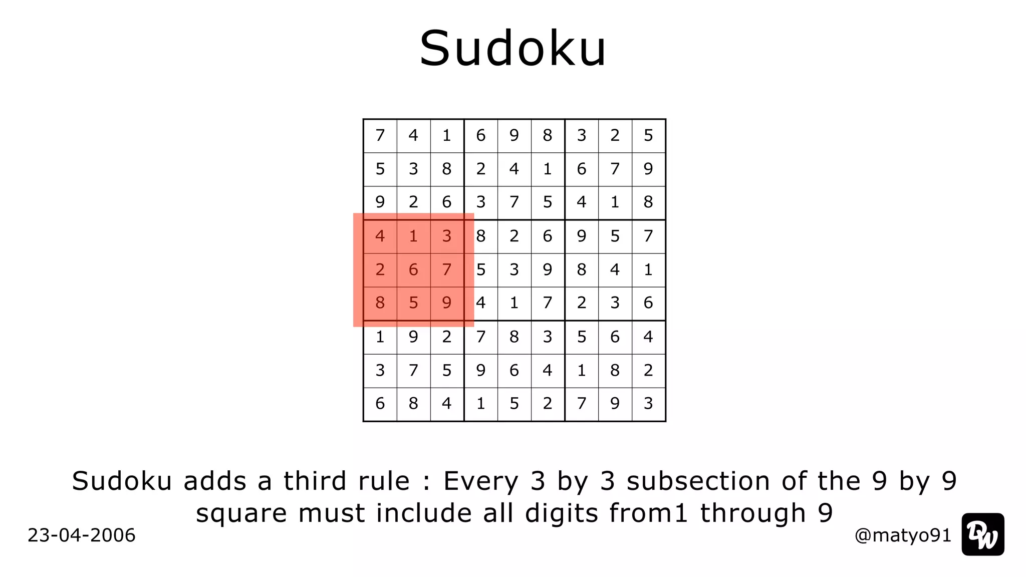 @matyo91
Sudoku
Sudoku adds a third rule : Every 3 by 3 subsection of the 9 by 9
square must include all digits from1 through 9
7 4 1 6 9 8 3 2 5
5 3 8 2 4 1 6 7 9
9 2 6 3 7 5 4 1 8
4 1 3 8 2 6 9 5 7
2 6 7 5 3 9 8 4 1
8 5 9 4 1 7 2 3 6
1 9 2 7 8 3 5 6 4
3 7 5 9 6 4 1 8 2
6 8 4 1 5 2 7 9 3
23-04-2006
 