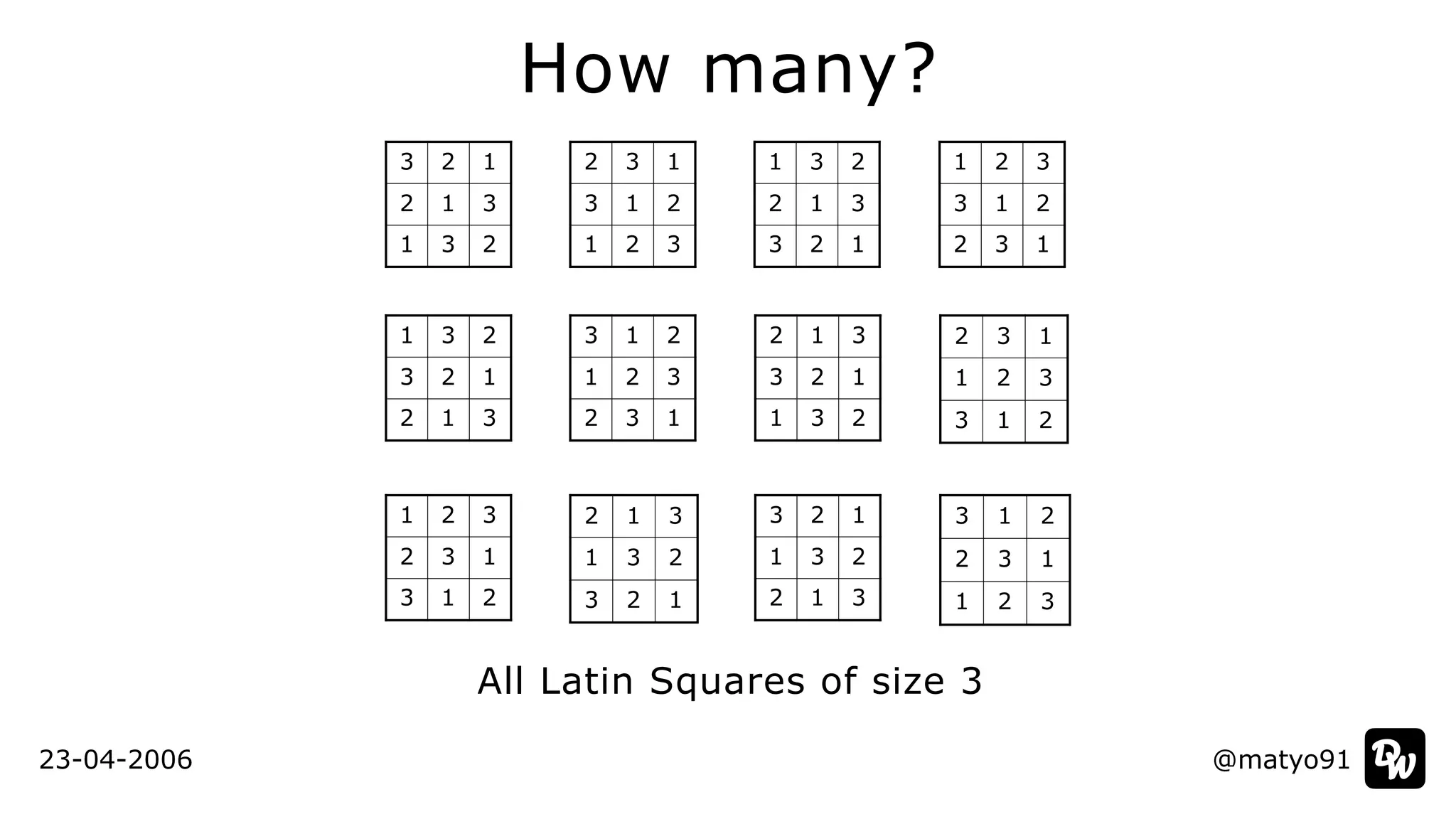 @matyo91
How many?
All Latin Squares of size 3
1 2 3
2 3 1
3 1 2
1 2 3
3 1 2
2 3 1
1 3 2
2 1 3
3 2 1
1 3 2
3 2 1
2 1 3
2 1 3
1 3 2
3 2 1
2 1 3
3 2 1
1 3 2
2 3 1
1 2 3
3 1 2
2 3 1
3 1 2
1 2 3
3 2 1
1 3 2
2 1 3
3 2 1
2 1 3
1 3 2
3 1 2
1 2 3
2 3 1
3 1 2
2 3 1
1 2 3
23-04-2006
 
