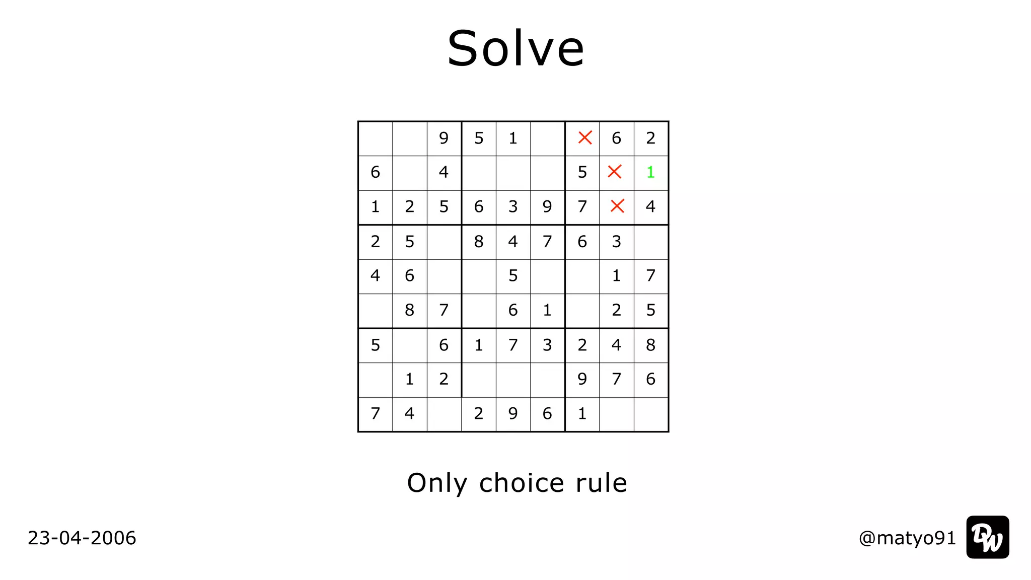 @matyo91
Solve
Only choice rule
23-04-2006
9 5 1 6 2
6 4 5 1
1 2 5 6 3 9 7 4
2 5 8 4 7 6 3
4 6 5 1 7
8 7 6 1 2 5
5 6 1 7 3 2 4 8
1 2 9 7 6
7 4 2 9 6 1
 