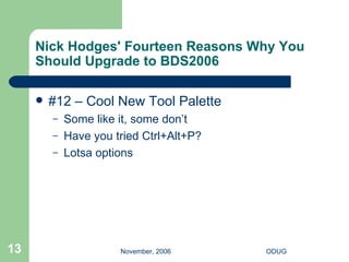 Nick Hodges' Fourteen Reasons Why You Should Upgrade to BDS2006 #12 – Cool New Tool Palette Some like it, some don’t Have you tried Ctrl+Alt+P? Lotsa options 