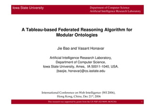 Iowa State University                                               Department of Computer Science
                                                                    Artificial Intelligence Research Laboratory




      A Tableau-based Federated Reasoning Algorithm for
                     Modular Ontologies

                                 Jie Bao and Vasant Honavar

                        Artificial Intelligence Research Laboratory,
                             Department of Computer Science,
                    Iowa State University, Ames, IA 50011-1040, USA.
                              {baojie, honavar}@cs.iastate.edu




                   International Conference on Web Intelligence (WI 2006),
                              Hong Kong, China, Dec 21st, 2006
                        This research was supported by grants from the US NSF (0219699, 0639230)                  1
 
