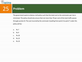 Answer Questions 21 to 25 on the basis of the information given below:A significant amount of traffic flows from point S to point T in the one-way street network shown below. Points A, B, C and D are junctions in the network and the arrows mark the direction of traffic flow. The fuel cost in rupees for travelling along a street is indicated by the number adjacent to the arrow representing the street. Motorists travelling from point S to point T would obviously take the route for which the total cost of travelling is the minimum. If two or more routes have the same least travel cost, then motorists are indifferent between them. Hence, the traffic gets evenly distributed among all the least cost routes. The government can control the flow of traffic only by levying appropriate toll at each junction. For example, if a motorist takes the route S-A-T (using junction A alone), then the total cost of travel would be Rs.14 (i.e., Rs.9 + Rs.5) plus the toll charged at junction A.