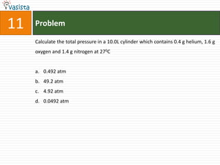 11   Problem

     Calculate the total pressure in a 10.0L cylinder which contains 0.4 g helium, 1.6 g
     oxygen and 1.4 g nitrogen at 270C


     a. 0.492 atm
     b. 49.2 atm
     c. 4.92 atm
     d. 0.0492 atm
 