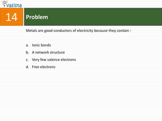 14   Problem

     Metals are good conductors of electricity because they contain :


     a. Ionic bonds
     b. A network structure
     c. Very few valence electrons
     d. Free electrons
 