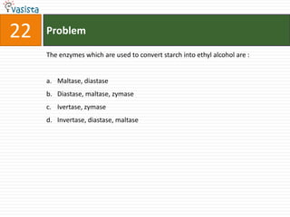 22   Problem

     The enzymes which are used to convert starch into ethyl alcohol are :


     a. Maltase, diastase
     b. Diastase, maltase, zymase
     c. Ivertase, zymase
     d. Invertase, diastase, maltase
 