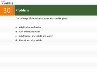 30   Problem

     The cleavage of an aryl-alkyl ether with cold HI gives :


     a. Alkyl iodide and water
     b. Aryl iodide and water
     c. Alkyl iodide, aryl iodide and water
     d. Phenol and alkyl iodide
 