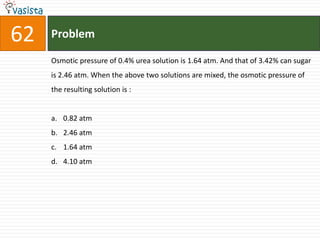 62   Problem

     Osmotic pressure of 0.4% urea solution is 1.64 atm. And that of 3.42% can sugar
     is 2.46 atm. When the above two solutions are mixed, the osmotic pressure of
     the resulting solution is :


     a. 0.82 atm
     b. 2.46 atm
     c. 1.64 atm
     d. 4.10 atm
 
