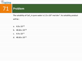 71   Problem

     The solubility of CaF2 in pure water is 2.3 x 10-6 mol dm-3. Its solubility product
     will be :


     a. 4.8 x 10-18
     b. 48.66 x 10-18
     c. 4.9 x 10-11
     d. 48.66 x 10-15
 