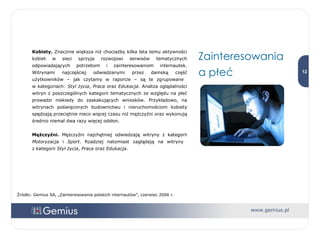 Kobiety.  Znacznie większa niż chociażby kilka lata temu aktywności kobiet w sieci sprzyja rozwojowi serwisów tematycznych odpowiadających potrzebom i zainteresowaniom internautek. Witrynami najczęściej odwiedzanymi przez damską część użytkowników – jak czytamy w raporcie – są te zgrupowane  w kategoriach:  Styl życia ,  Praca  oraz  Edukacja . Analiza oglądalności witryn z poszczególnych kategorii tematycznych ze względu na płeć prowadzi niekiedy do zaskakujących wniosków. Przykładowo, na witrynach poświęconych budownictwu i nieruchomościom kobiety spędzają przeciętnie nieco więcej czasu niż mężczyźni oraz wykonują średnio niemal dwa razy więcej odsłon. Mężczyźni.  Mężczyźni najchętniej odwiedzają witryny z kategorii  Motoryzacja  i  Sport . Rzadziej natomiast zaglądają na witryny  z kategorii  Styl życia ,  Praca  oraz  Edukacja . Źródło: Gemius SA, „Zainteresowania polskich internautów”, czerwiec 2006 r. Zainteresowania a płeć 