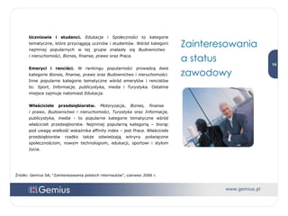 Uczniowie i studenci.   Edukacja  i  Społeczności  to kategorie tematyczne, które przyciągają uczniów i studentów. Wśród kategorii najmniej popularnych w tej grupie znalazły się  Budownictwo  i nieruchomości ,  Biznes, finanse, prawo  oraz  Praca .  Emeryci i renciści.  W rankingu popularności prowadzą dwie kategorie  Biznes, finanse, prawo  oraz  Budownictwo i nieruchomości . Inne popularne kategorie tematyczne wśród emerytów i rencistów to:  Sport ,  Informacje, publicystyka, media  i  Turystyka . Ostatnie miejsce zajmuje natomiast  Edukacja. Właściciele przedsiębiorstw.   Motoryzacja ,  Biznes, finanse  i prawo ,  Budownictwo i nieruchomości ,  Turystyka  oraz  Informacje, publicystyka, media  - to popularne kategorie tematyczne wśród właścicieli przedsiębiorstw. Najmniej popularną kategorią – biorąc pod uwagę wielkość wskaźnika affinity index – jest  Praca . Właściciele przedsiębiorstw rzadko także odwiedzają witryny poświęcone społecznościom, nowym technologiom, edukacji, sportowi i stylom życia. Źródło: Gemius SA, “Zainteresowania polskich internautów”, czerwiec 2006 r. Zainteresowania a status zawodowy 