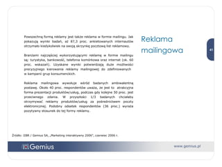 Reklama mailingowa Powszechną formą reklamy jest także reklama w formie mailingu. Jak pokazują wyniki badań, aż 87,3 proc. ankietowanych internautów otrzymało kiedykolwiek na swoją skrzynkę pocztową list reklamowy.  Branżami najczęściej wykorzystującymi reklamę w formie mailingu są: turystyka, bankowość, telefonia komórkowa oraz internet (ok. 60 proc. wskazań). Uzyskane wyniki potwierdzają duże możliwości precyzyjnego kierowania reklamy mailingowej do zdefiniowanych  w kampanii grup konsumenckich.  Reklama mailingowa wywołuje wśród badanych ambiwalentną postawę. Około 40 proc. respondentów uważa, że jest to  atrakcyjna forma prezentacji produktów/usług, podczas gdy kolejne 50 proc. jest przeciwnego zdania. W przyszłości 1/3 badanych chciałaby otrzymywać reklamy produktów/usług za pośrednictwem poczty elektronicznej. Podobny odsetek respondentów (36 proc.) wyraża pozytywny stosunek do tej formy reklamy. Źródło: IIBR / Gemius SA, „Marketing interaktywny 2006”, czerwiec 2006 r. 