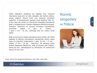 Polska blogosfera powiększa się każdego dnia. Dzienniki internetowe piszą dziś nie tylko nastolatki, ale również politycy, artyści, eksperci różnych branż oraz pasjonaci rozmaitych zagadnień. O powszechności zjawiska może świadczyć fakt, że  w lipcu tego roku ponad 1/3 internautów odwiedziła przynajmniej jeden z uwzględnionych w badaniu Megapanel PBI/Gemius blogów. Przeciętny użytkownik na stronach rozmaitych internetowych dzienników spędził w lipcu br. średnio  1 godz. 4 min. i 24 sek., dokonując przy tym średnio 54,66 odsłon. Blogi są nieznacznie częściej odwiedzane przez kobiety. One także spędzają na lekturze internetowych pamiętników średnio więcej czasu niż mężczyźni (odpowiednio 1 godz. 29 min. i 37 sek. – kobiety, 37 min. i 54 sek. - mężczyźni). Jak pokazują wyniki badania Megapanel PBI/Gemius, blogi są domeną osób młodych. Prawie 60 proc. odwiedzających je internautów nie przekroczyło jeszcze 25 roku życia. Rozwój  blogosfery  w Polsce Źródło: Gemius SA, Megapanel PBI/Gemius, lipiec 2005 i lipiec 2006 r. 