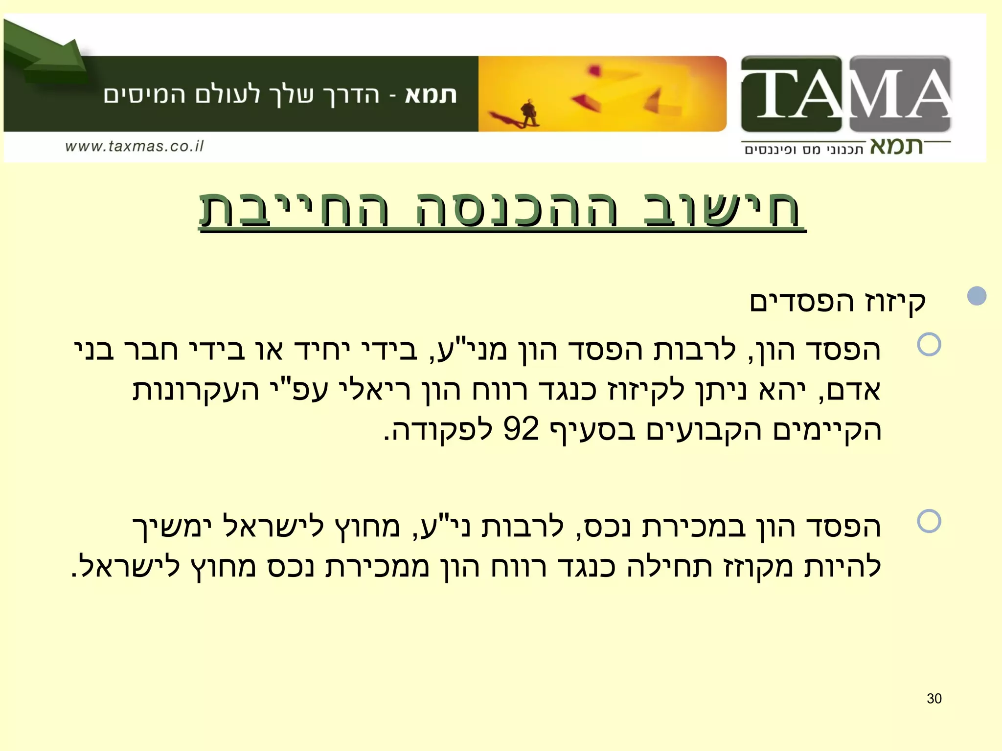 ‫החייבת‬ ‫ההכנסה‬ ‫חישוב‬‫החייבת‬ ‫ההכנסה‬ ‫חישוב‬
‫הפסדים‬ ‫קיזוז‬
‫בני‬ ‫חבר‬ ‫בידי‬ ‫או‬ ‫יחיד‬ ‫בידי‬ ,‫מני"ע‬ ‫הון‬ ‫הפסד‬ ‫לרבות‬ ,‫הון‬ ‫הפסד‬
‫העקרונות‬ ‫עפ"י‬ ‫ריאלי‬ ‫הון‬ ‫רווח‬ ‫כנגד‬ ‫לקיזוז‬ ‫ניתן‬ ‫יהא‬ ,‫אדם‬
‫בסעיף‬ ‫הקבועים‬ ‫הקיימים‬92.‫לפקודה‬
‫ימשיך‬ ‫לישראל‬ ‫מחוץ‬ ,‫ני"ע‬ ‫לרבות‬ ,‫נכס‬ ‫במכירת‬ ‫הון‬ ‫הפסד‬
.‫לישראל‬ ‫מחוץ‬ ‫נכס‬ ‫ממכירת‬ ‫הון‬ ‫רווח‬ ‫כנגד‬ ‫תחילה‬ ‫מקוזז‬ ‫להיות‬
30
 