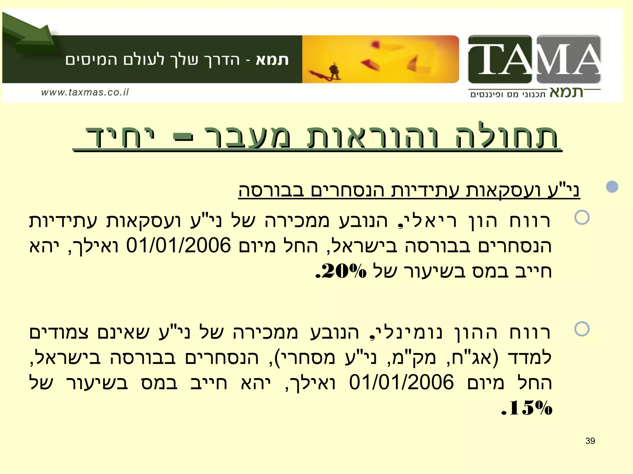 –‫יחיד‬ ‫מעבר‬ ‫והוראות‬ ‫תחולה‬–‫יחיד‬ ‫מעבר‬ ‫והוראות‬ ‫תחולה‬
‫בבורסה‬ ‫הנסחרים‬ ‫עתידיות‬ ‫ועסקאות‬ ‫ני"ע‬
,‫ריאלי‬ ‫הון‬ ‫רווח‬‫עתידיות‬ ‫ועסקאות‬ ‫ני"ע‬ ‫של‬ ‫ממכירה‬ ‫הנובע‬
‫מיום‬ ‫החל‬ ,‫בישראל‬ ‫בבורסה‬ ‫הנסחרים‬01/01/2006‫יהא‬ ,‫ואילך‬
‫של‬ ‫בשיעור‬ ‫במס‬ ‫חייב‬20%.
,‫נומינלי‬ ‫ההון‬ ‫רווח‬‫הנובע‬‫מ‬‫צמודים‬ ‫שאינם‬ ‫ני"ע‬ ‫של‬ ‫מכירה‬
,‫בישראל‬ ‫בבורסה‬ ‫הנסחרים‬ ,(‫מסחרי‬ ‫ני"ע‬ ,‫מק"מ‬ ,‫)אג"ח‬ ‫למדד‬
‫מיום‬ ‫החל‬01/01/2006‫של‬ ‫בשיעור‬ ‫במס‬ ‫חייב‬ ‫יהא‬ ,‫ואילך‬
15%.
39
 