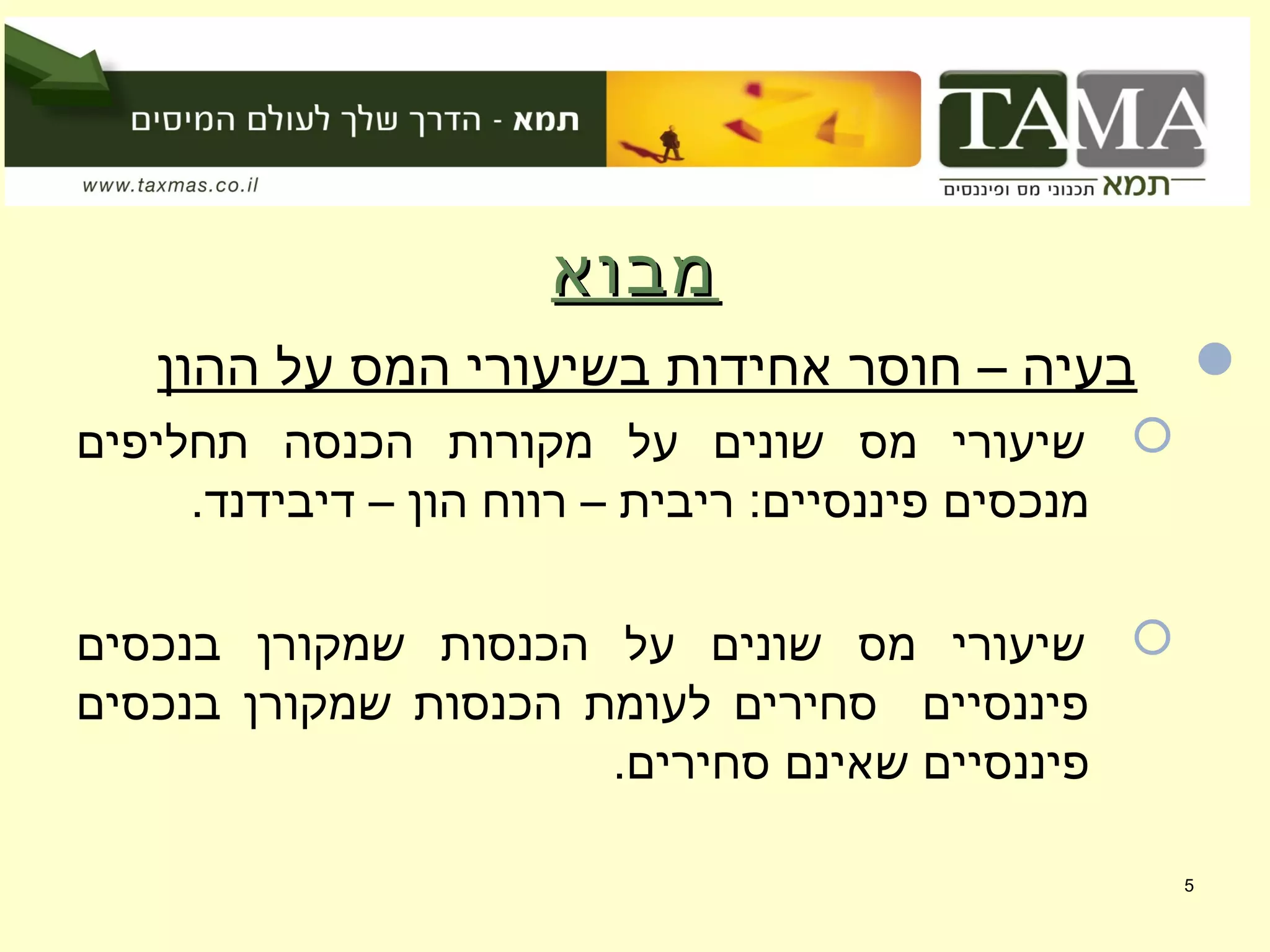 ‫מבוא‬‫מבוא‬
‫ההון‬ ‫על‬ ‫המס‬ ‫בשיעורי‬ ‫אחידות‬ ‫חוסר‬ – ‫בעיה‬
‫תחליפים‬ ‫הכנסה‬ ‫מקורות‬ ‫על‬ ‫שונים‬ ‫מס‬ ‫שיעורי‬
.‫דיבידנד‬ – ‫הון‬ ‫רווח‬ – ‫ריבית‬ :‫פיננסיים‬ ‫מנכסים‬
‫בנכסים‬ ‫שמקורן‬ ‫הכנסות‬ ‫על‬ ‫שונים‬ ‫מס‬ ‫שיעורי‬
‫בנכסים‬ ‫שמקורן‬ ‫הכנסות‬ ‫לעומת‬ ‫סחירים‬ ‫פיננסיים‬
.‫סחירים‬ ‫שאינם‬ ‫פיננסיים‬
5
 