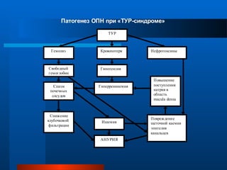 Патогенез ОПН при «ТУР-синдроме»
ТУР
НефротоксиныКровопотеряГемолиз
ГипотензияСвободный
гемоглобин
ГиперренинемияСпазм
почечных
сосудов
Повышение
поступления
натрия в
область
macula densa
Снижение
клубочковой
фильтрации
Повреждение
щеточной каемки
эпителия
канальцев
Ишемия
АНУРИЯ
 