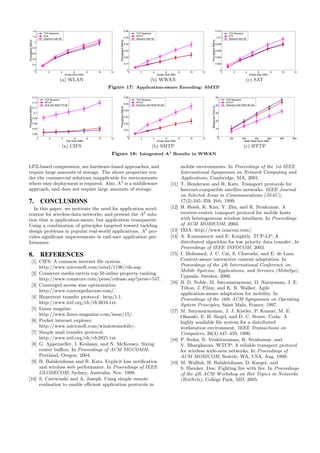 0 2 4 6 8 10 12
0
0.2
0.4
0.6
0.8
1
1.2
1.4
Email Size (KB)
Throughput(Mb/s)
TCP Newreno
ELN
Newreno with AE
(a) WLAN
0 2 4 6 8 10 12
0
0.01
0.02
0.03
0.04
0.05
0.06
Email Size (KB)
Throughput(Mb/s)
TCP Newreno
WTCP
Newreno with AE
(b) WWAN
0 2 4 6 8 10 12
0
0.002
0.004
0.006
0.008
0.01
0.012
Email Size (KB)
Throughput(Mb/s)
TCP Newreno
STP
Newreno with AE
(c) SAT
Figure 17: Application-aware Encoding: SMTP
0 2 4 6 8 10 12
0.06
0.07
0.08
0.09
0.1
0.11
0.12
0.13
File Size (MB)
Throughput(Mb/s)
TCP Newreno
WTCP
ELN with RAR+TP+IB
(a) CIFS
0 2 4 6 8 10 12
0
0.01
0.02
0.03
0.04
0.05
0.06
Email Size (KB)
Throughput(Mb/s)
TCP Newreno
WTCP
Newreno with RAR+IB+AE
(b) SMTP
0 100 200 300 400 500 600
0
10
20
30
40
50
Web Page Size (KB)
ResponseTime(s)
TCP Newreno
WTCP
Newreno with RAR+IB+AE
(c) HTTP
Figure 18: Integrated A3 Results in WWAN
LPZ-based compression, are hardware-based approaches, and
require large amounts of storage. The above properties ren-
der the commercial solutions inapplicable for environments
where easy deployment is required. Also, A3
is a middleware
approach, and does not require large amounts of storage.
7. CONCLUSIONS
In this paper, we motivate the need for application accel-
eration for wireless-data networks, and present the A3
solu-
tion that is application-aware, but application transparent.
Using a combination of principles targeted toward tackling
design problems in popular real-world applications, A3
pro-
vides signiﬁcant improvements in end-user application per-
formance.
8. REFERENCES
[1] CIFS: A common internet ﬁle system.
http://www.microsoft.com/mind/1196/cifs.asp.
[2] Comscore media metrix top 50 online property ranking.
http://www.comscore.com/press/release.asp?press=547.
[3] Converged access wan optimization.
http://www.convergedaccess.com/.
[4] Hypertext transfer protocol– http/1.1.
http://www.ietf.org/rfc/rfc2616.txt.
[5] Linux magzine.
http://www.linux-magazine.com/issue/15/.
[6] Pocket internet explorer.
http://www.microsoft.com/windowsmobile/.
[7] Simple mail transfer protocol.
http://www.ietf.org/rfc/rfc2821.txt.
[8] G. Appenzeller, I. Keslassy, and N. McKeown. Sizing
router buﬀers. In Proceedings of ACM SIGCOMM,
Portland, Oregon, 2004.
[9] H. Balakrishnan and R. Katz. Explicit loss notiﬁcation
and wireless web performance. In Proceedings of IEEE
GLOBECOM, Sydney, Australia, Nov. 1998.
[10] S. Czerwinski and A. Joseph. Using simple remote
evaluation to enable eﬃcient application protocols in
mobile environments. In Proceedings of the 1st IEEE
International Symposium on Network Computing and
Applications, Cambridge, MA, 2001.
[11] T. Henderson and R. Katz. Transport protocols for
Internet-compatible satellite networks. IEEE Journal
on Selected Areas in Communications (JSAC),
17(2):345–359, Feb. 1999.
[12] H. Hsieh, K. Kim, Y. Zhu, and R. Sivakumar. A
receiver-centric transport protocol for mobile hosts
with heterogeneous wireless interfaces. In Proceedings
of ACM MOBICOM, 2003.
[13] IXIA. http://www.ixiacom.com/.
[14] A. Kuzmanovic and E. Knightly. TCP-LP: A
distributed algorithm for low priority data transfer. In
Proceedings of IEEE INFOCOM, 2003.
[15] I. Mohomed, J. C. Cai, S. Chavoshi, and E. de Lara.
Context-aware interactive content adaptation. In
Proceedings of the 4th International Conference on
Mobile Systems, Applications, and Services (MobiSys),
Uppsala, Sweden, 2006.
[16] B. D. Noble, M. Satyanarayanan, D. Narayanan, J. E.
Tilton, J. Flinn, and K. R. Walker. Agile
application-aware adaptation for mobility. In
Proceedings of the 16th ACM Symposium on Operating
System Principles, Saint Malo, France, 1997.
[17] M. Satyanarayanan, J. J. Kistler, P. Kumar, M. E.
Okasaki, E. H. Siegel, and D. C. Steere. Coda: A
highly available ﬁle system for a distributed
workstation environment. IEEE Transactions on
Computers, 39(4):447–459, 1990.
[18] P. Sinha, N. Venkitaraman, R. Sivakumar, and
V. Bharghavan. WTCP: A reliable transport protocol
for wireless wide-area networks. In Proceedings of
ACM MOBICOM, Seattle, WA, USA, Aug. 1999.
[19] M. Walﬁsh, H. Balakrishnan, D. Karger, and
S. Shenker. Dos: Fighting ﬁre with ﬁre. In Proceedings
of the 4th ACM Workshop on Hot Topics in Networks
(HotNets), College Park, MD, 2005.
 